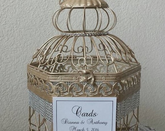 Large Champagne Hexagonal Birdcage W Bling-Wedding card holder