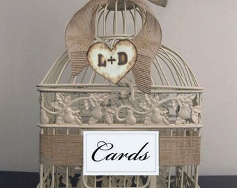 Large Rustic Burlap Antique White Birdcage-Wedding Card Holder