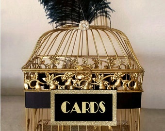 Small Great Gatsby Wedding Card Holder, Gold Bird Cage with Black Ostrich Feathers