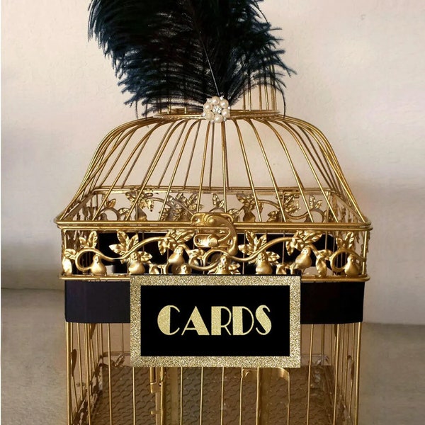 Small Great Gatsby Wedding Card Holder, Gold Bird Cage with Black Ostrich Feathers