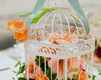Set of 10 Small Cream Hexagonal Birdcages-Centerpiece-Wedding card holder