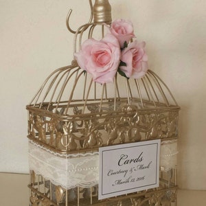 Romantic Roses, Lace and Pearls-Champagne/Gold Bird Cage-Wedding card holder image 2