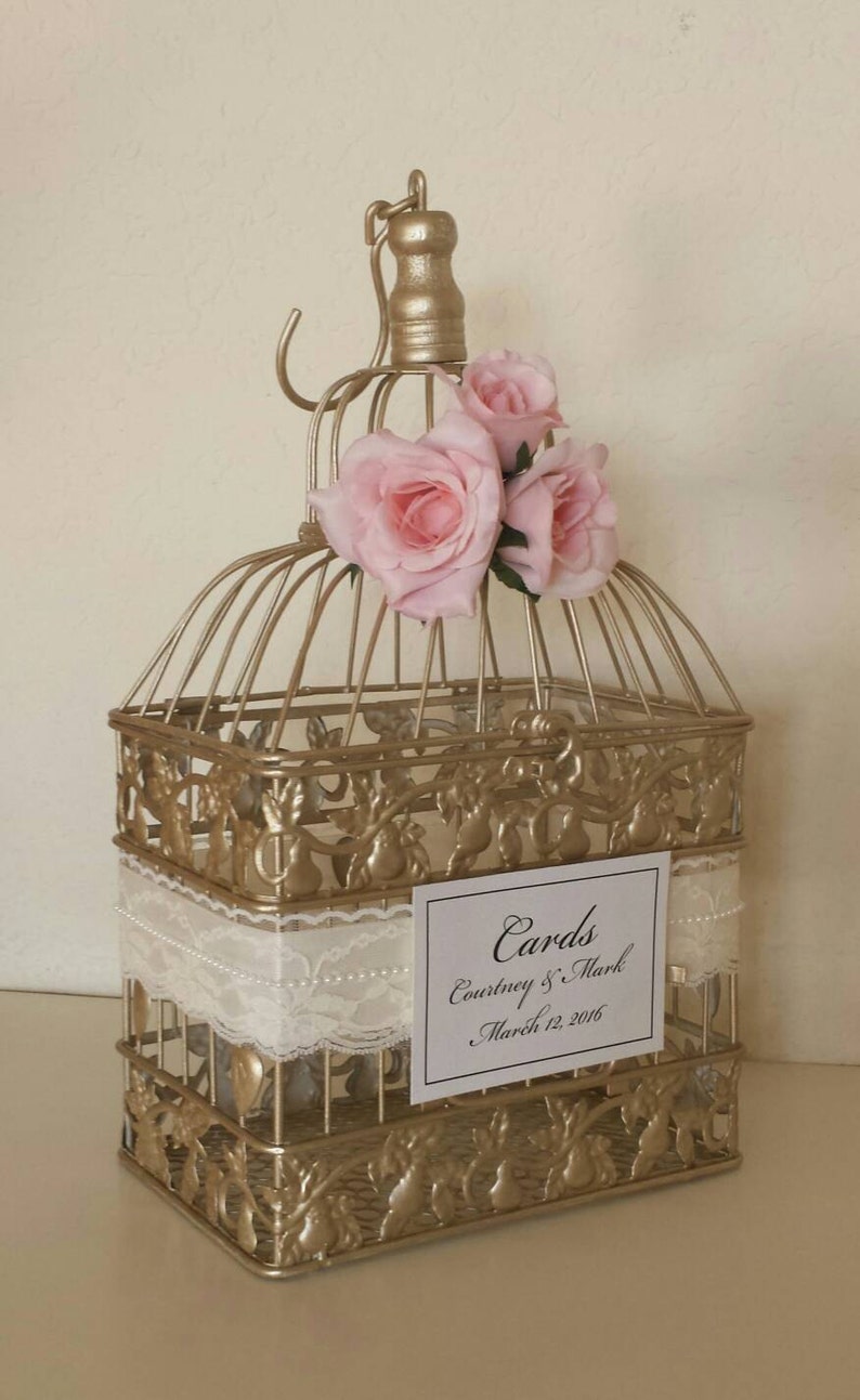 Romantic Roses, Lace and Pearls-Champagne/Gold Bird Cage-Wedding card holder image 2