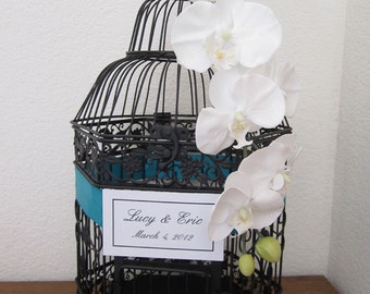 Large Hexagonal Birdcage with Cascading Orchids -Wedding card holder (Customized)