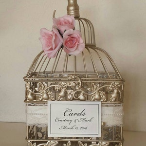 Romantic Roses, Lace and Pearls-Champagne/Gold Bird Cage-Wedding card holder image 1