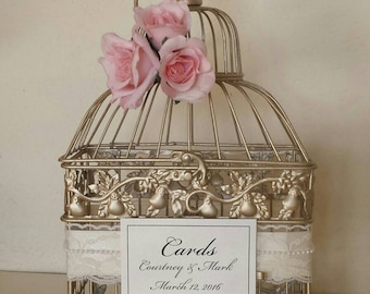 Romantic Roses, Lace and Pearls-Champagne/Gold Bird Cage-Wedding card holder