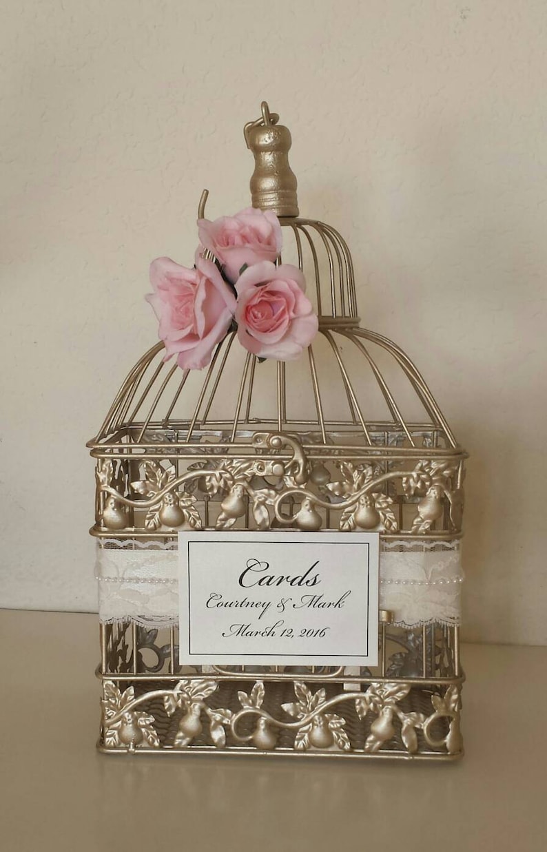 Romantic Roses, Lace and Pearls-Champagne/Gold Bird Cage-Wedding card holder image 1