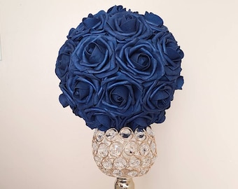 Navy Rose Flower Ball, Pomander, Flower Centerpiece, Kissing Ball