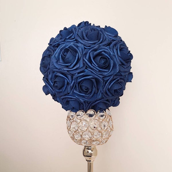 Navy Rose Flower Ball, Pomander, Flower Centerpiece, Kissing Ball