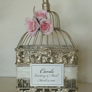 Romantic Roses, Lace and Pearls-Champagne/Gold Bird Cage-Wedding card holder image 3