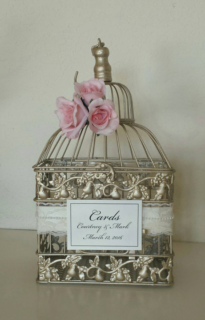 Romantic Roses, Lace and Pearls-Champagne/Gold Bird Cage-Wedding card holder image 3