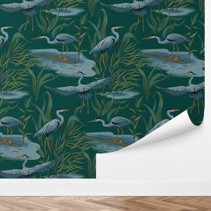 Custom Chinoise Peel and Stick Wallpaper, Removable Wallpaper - Great Blue Heron Wallpaper by Love vs. Design