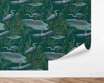 Custom Chinoise Peel and Stick Wallpaper, Removable Wallpaper - Great Blue Heron Wallpaper by Love vs. Design