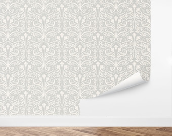 May include: A white and gray wallpaper with a repeating floral pattern. The pattern features stylized flowers and leaves in a traditional design.