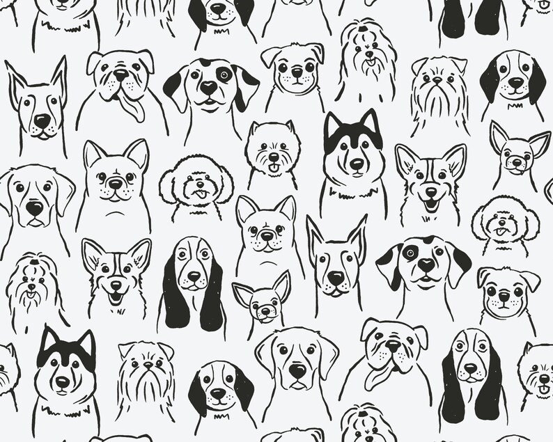 Pode incluir: Desenhos a preto e branco de v&aacute;rias ra&ccedil;as de c&atilde;es, incluindo um husky, um bulldog, um corgi, um beagle e um chihuahua. Os desenhos est&atilde;o dispostos num padr&atilde;o repetitivo.