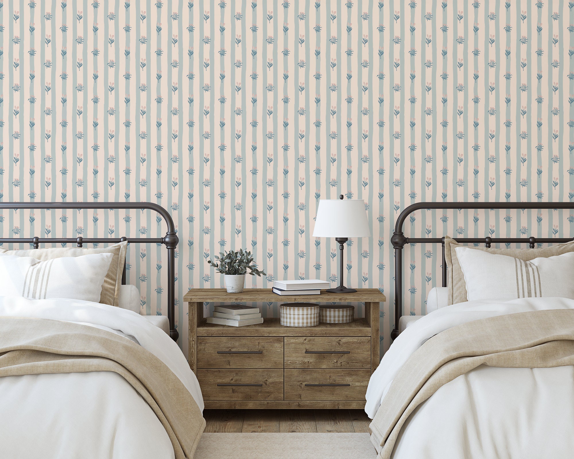 Cottage Stripe Wallpaper – Hand-painted Floral Stripe Botanical Design ...