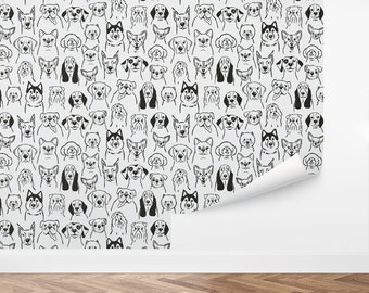 May include: Black and white repeating pattern of various dog breeds. The dogs are all facing forward and have different facial expressions. The background is white.
