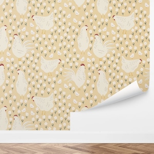 Hens Yard Chicken Farmhouse Wallpaper, Cottagecore Nursery Wall Decor, by Love Vs Design