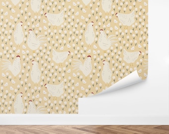 Hens Yard Chicken Farmhouse Wallpaper, Cottagecore Nursery Wall Decor, by Love Vs Design