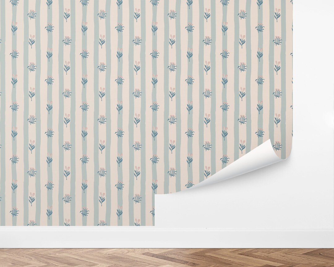 Cottage Stripe Wallpaper – Hand-painted Floral Stripe Botanical Design ...