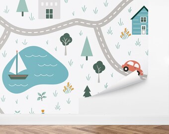 Custom Kids Peel and Stick Wallpaper, Removable Wallpaper - Car Ride Wallpaper by Love vs. Design