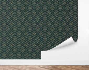 May include: A dark green wallpaper with a repeating pattern of gold geometric shapes. The pattern features a series of overlapping diamonds with a sunburst design in the center of each diamond.