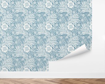 May include: A blue and white floral wallpaper pattern with a repeating design of stylized flowers and leaves.