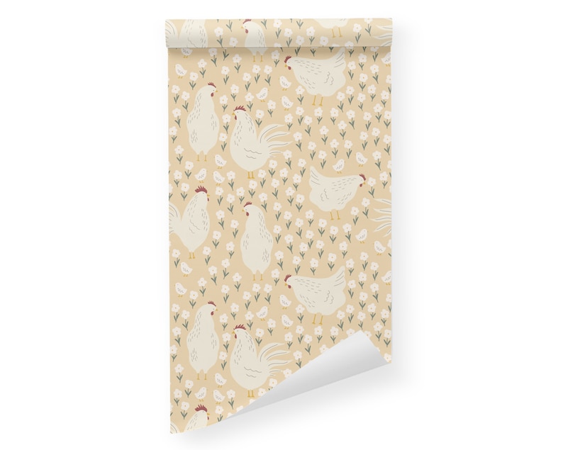 May include: A seamless pattern featuring white chickens and small white flowers on a light beige background. The chickens are facing different directions and have red combs.
