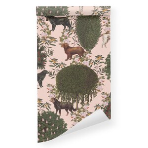 May include: Pink wallpaper with a repeating pattern of dogs, trees, and flowers. The dogs are brown, black, and white. The trees are green and have a rounded shape. The flowers are pink and white.