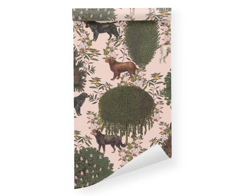 May include: Pink wallpaper with a repeating pattern of dogs, trees, and flowers. The dogs are brown, black, and white. The trees are green and have a rounded shape. The flowers are pink and white.