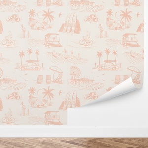 Retro Surf Beach Wallpaper, Peel and Stick, Vintage Coastal Decor, Surf Toile Pattern, Removable, by Love Vs Design