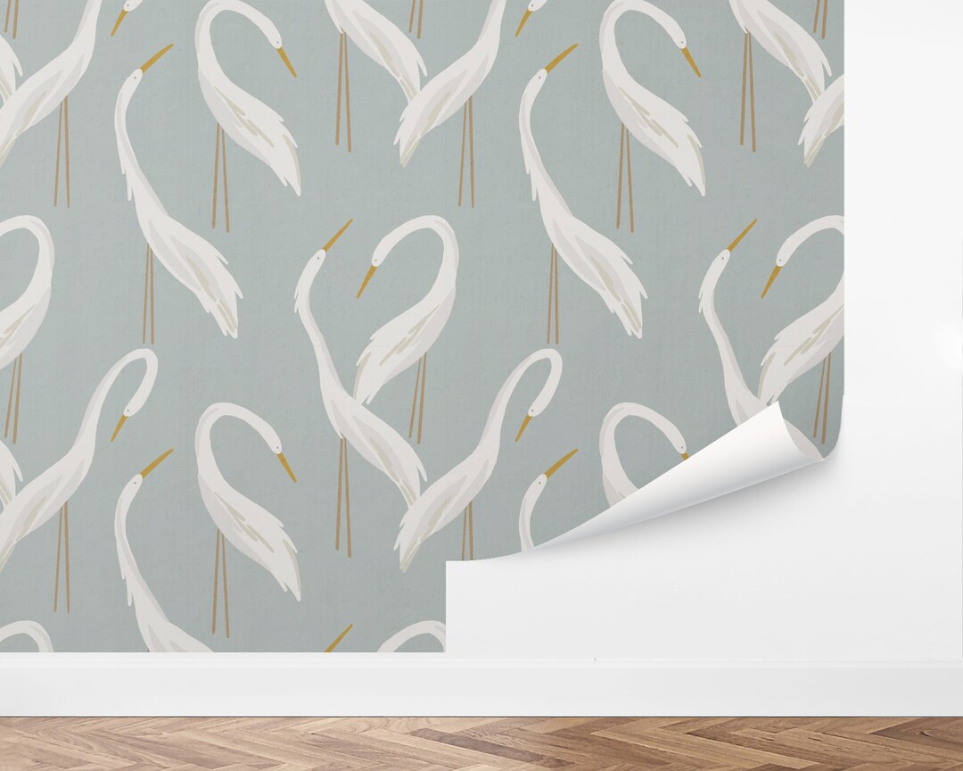 Mod Heron Wallpaper Midcentury, Modern, Birds, Ocean, Illustrated