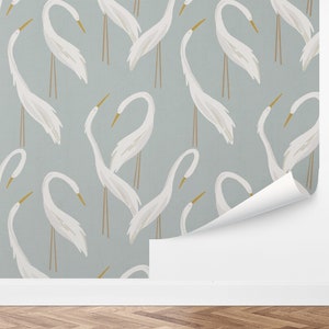 Mod Heron Wallpaper | Midcentury, Modern, Birds, Ocean, Illustrated, Animals, Kids, Nursery | Peel and Stick, Removable, Custom Color