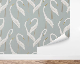 Mod Heron Wallpaper | Midcentury, Modern, Birds, Ocean, Illustrated, Animals, Kids, Nursery | Peel and Stick, Removable, Custom Color