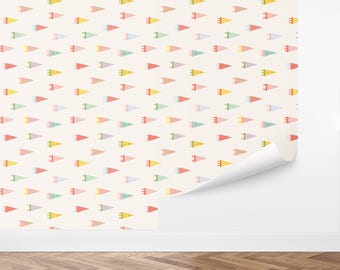 May include: A white background with a repeating pattern of colorful pennant flags. The flags are in various shades of pink, yellow, green, and blue.