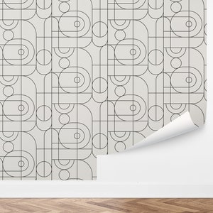 May include: A seamless pattern wallpaper with a geometric design featuring black lines and circles on a light gray background.