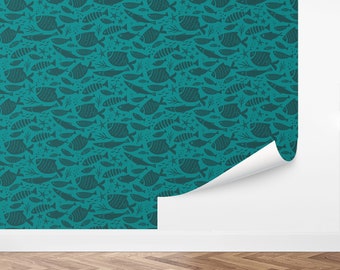 Custom Nautical Peel and Stick Wallpaper, Removable Wallpaper - Fish In The Sea Wallpaper by Love vs. Design