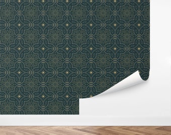 May include: A dark green wallpaper with a gold geometric pattern. The pattern features intricate stars, circles, and lines.