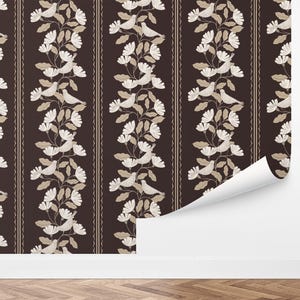 Flowers and Birds Peel and Stick Wallpaper, Hand-painted Brown Cottage Floral Stripes, Removable Wall Art Wall Decor by Love Vs Design