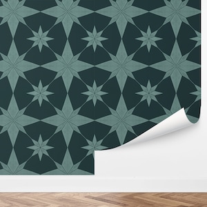 May include: A teal and dark blue geometric wallpaper with a repeating star pattern.
