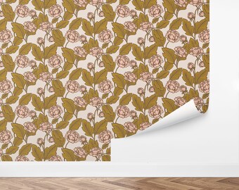 May include: A seamless pattern featuring pink flowers and green leaves on a cream background. The pattern is perfect for wallpaper, fabric, or other home decor projects.