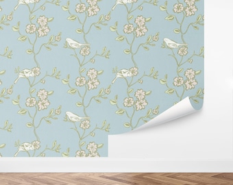 Custom Bird Peel and Stick Wallpaper, Removable Wallpaper - Flourish & Birds Wallpaper by Love vs. Design