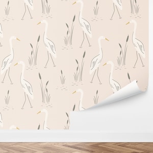 Custom Birds Peel and Stick Wallpaper, Removable Wallpaper - White Stork Wallpaper by Love vs. Design