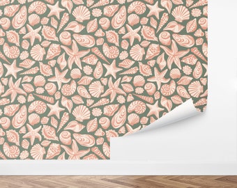 Custom Tropical Peel and Stick Wallpaper, Removable Wallpaper - Coastal Shells Wallpaper by Love vs. Design