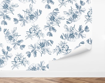May include: Blue and white floral wallpaper with a repeating pattern of peonies and leaves.