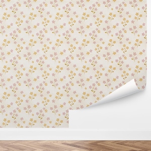 Petal Parade wallpaper, Blush Pink Yellow Floral, Cottagecore Botanical, Nursery Pastel, Playful Peel & Stick Decor, by Love Vs Design