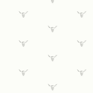 May include: A seamless pattern featuring a repeated design of a white bull skull with horns on a white background.