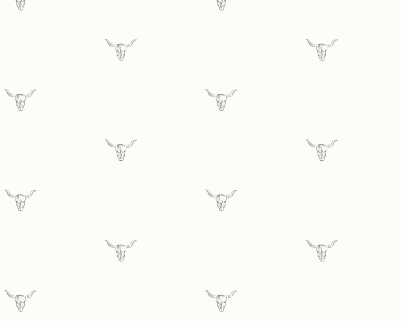 May include: A seamless pattern featuring a repeated design of a white bull skull with horns on a white background.