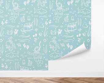 Custom Kids Peel and Stick Wallpaper, Removable Wallpaper - Deep Sea Dive by Love vs. Design