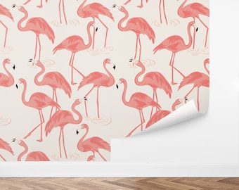 Custom Tropical Peel and Stick Wallpaper, Removable Wallpaper - Flamingo Fun Wallpaper by Love vs. Design